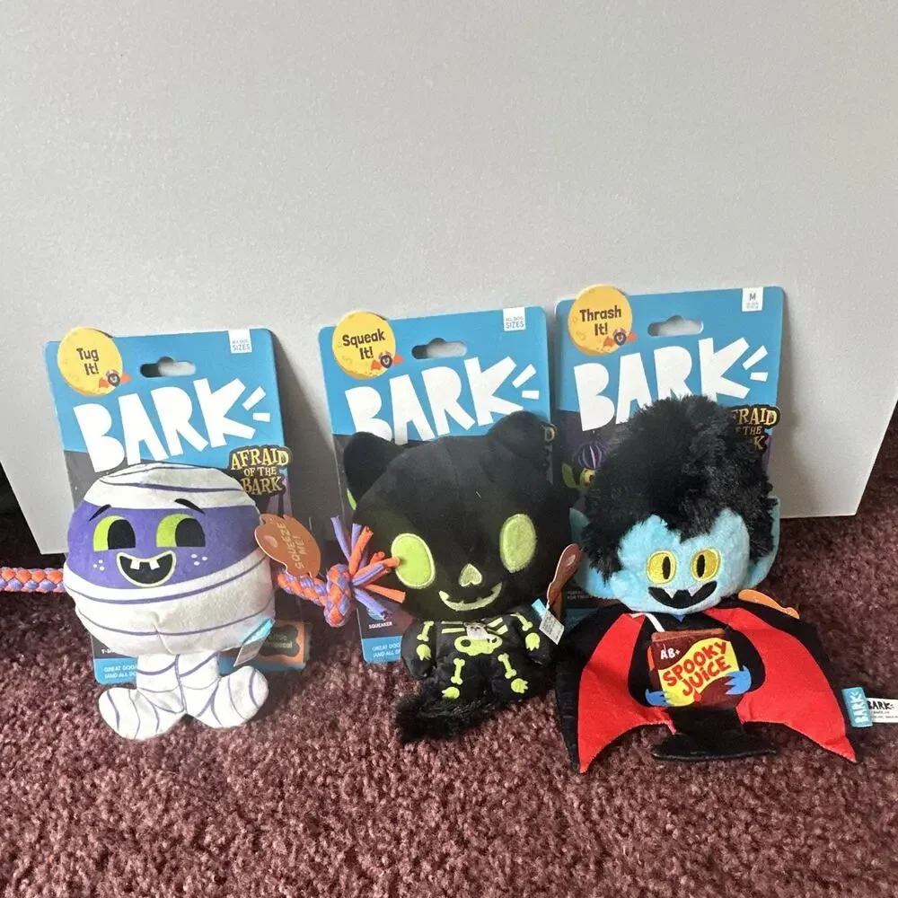 BARK Afraid of the Bark Plush Stuffed Dog Toy Lot of 3 Squeaky Crinkle Tugging